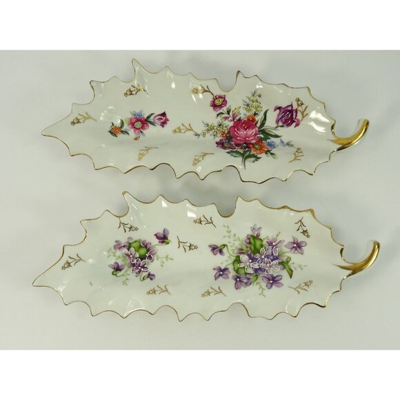 Vintage Dresden Style Leaf Dish Lot of 2 Hand Painted Floral Flowers Gold Trim - Picture 16 of 16